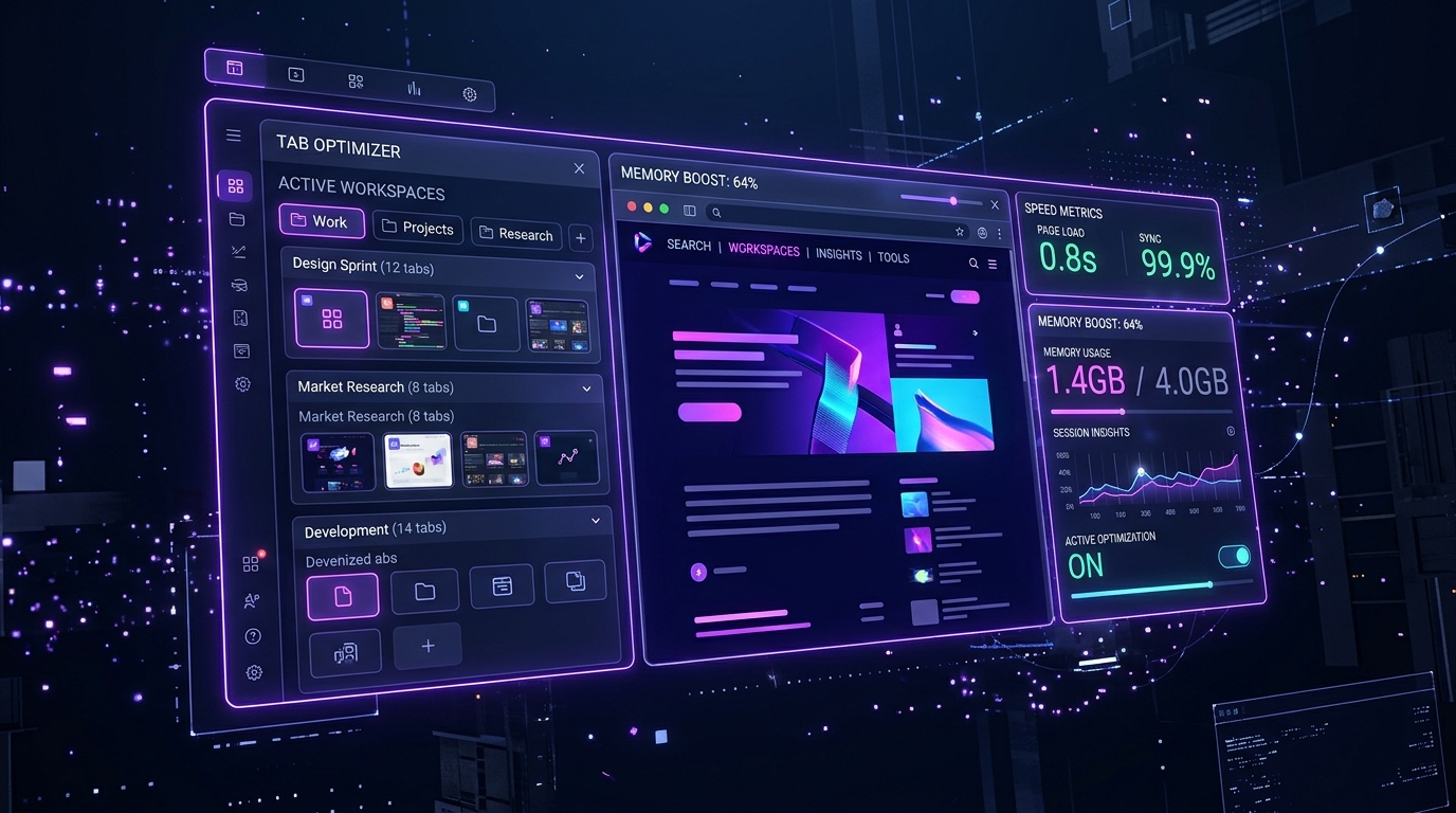 Modern Chrome tab manager interface with modular bento dashboard, workspace groups, and memory boost indicator