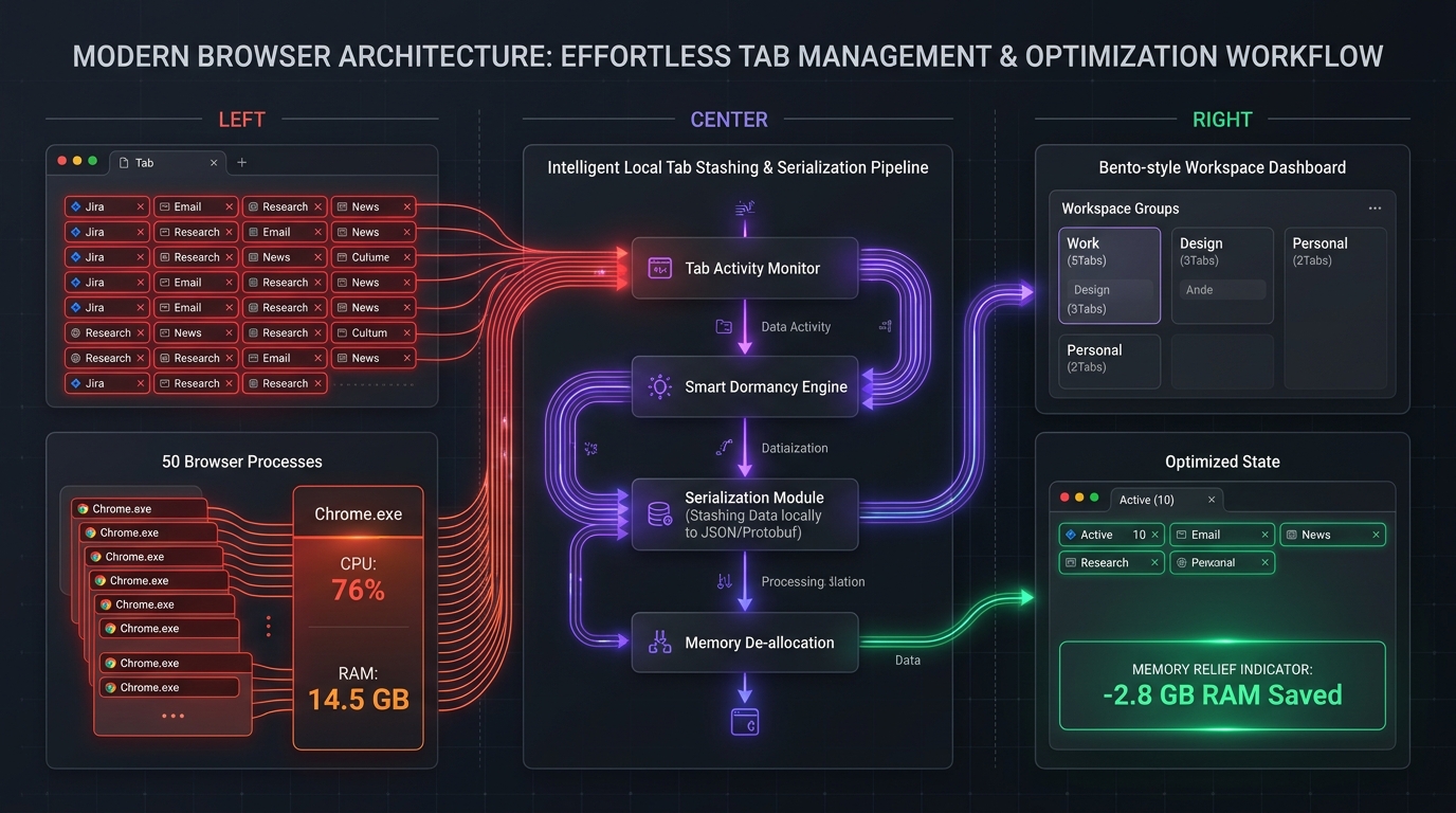 Technical architecture diagram comparing 50 chaotic Chrome processes with smart dormancy engine and local JSON serialization